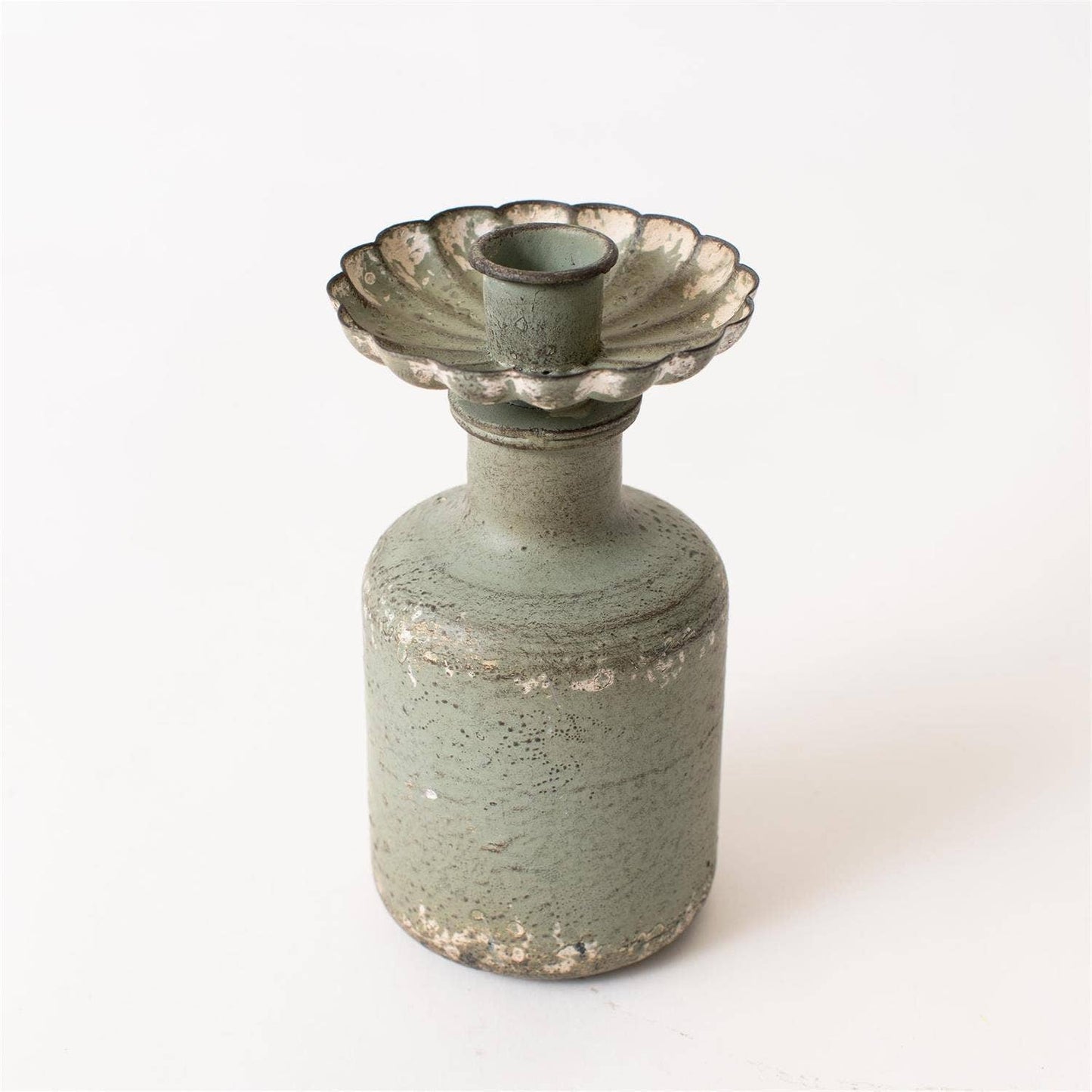 Antiqued Green Scalloped Candle Holder