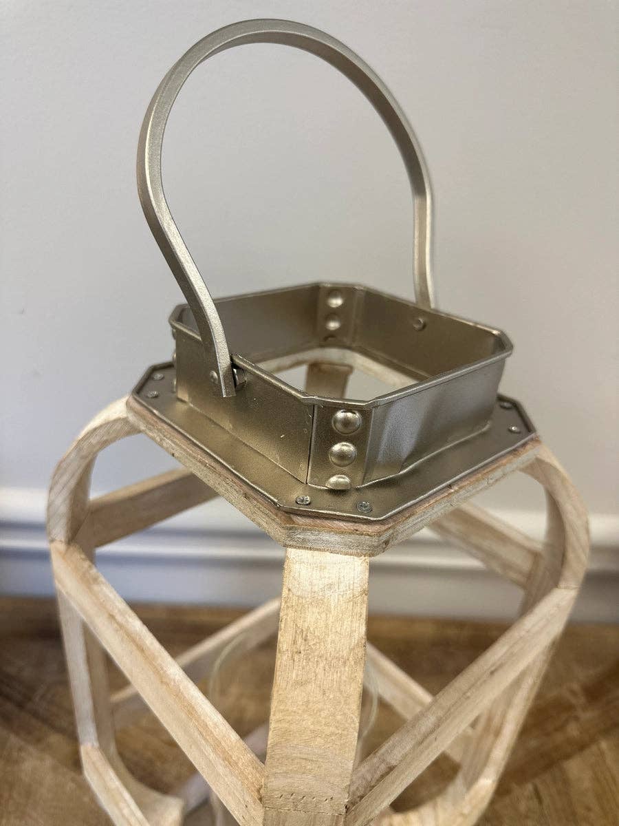 WOOD WITH METAL WHITE LANTERN CANDLE HOLDER: Small