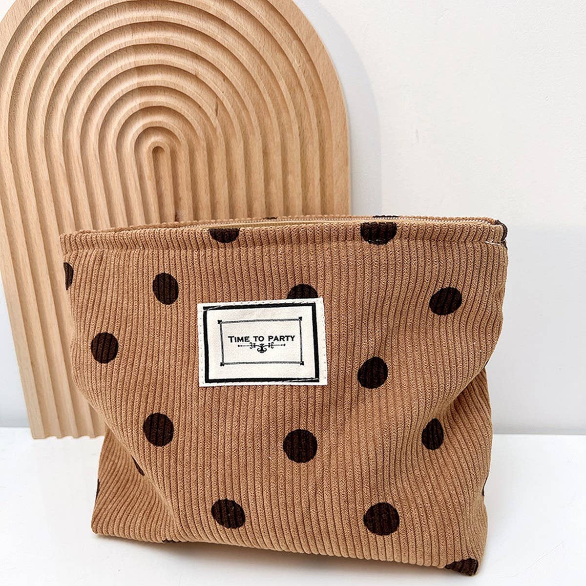 CORDUROY RETRO POLKA DOT MAKEUP BAG STORAGE COFFEE
