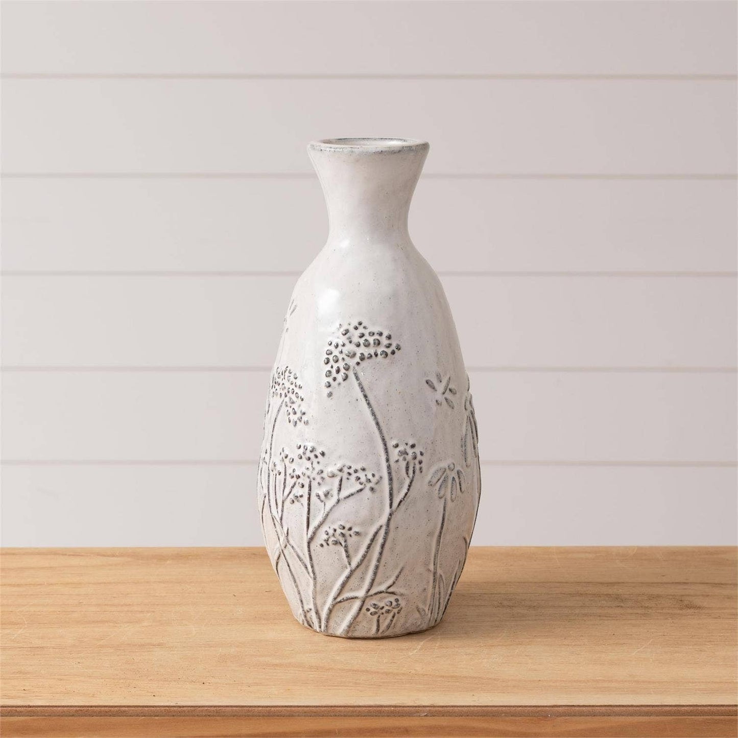 Tall Debossed Botanical Vase, Gray