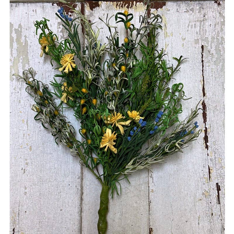 Small Herb Bouquet with Spring Flowers, 21", Blue, Green, Ye