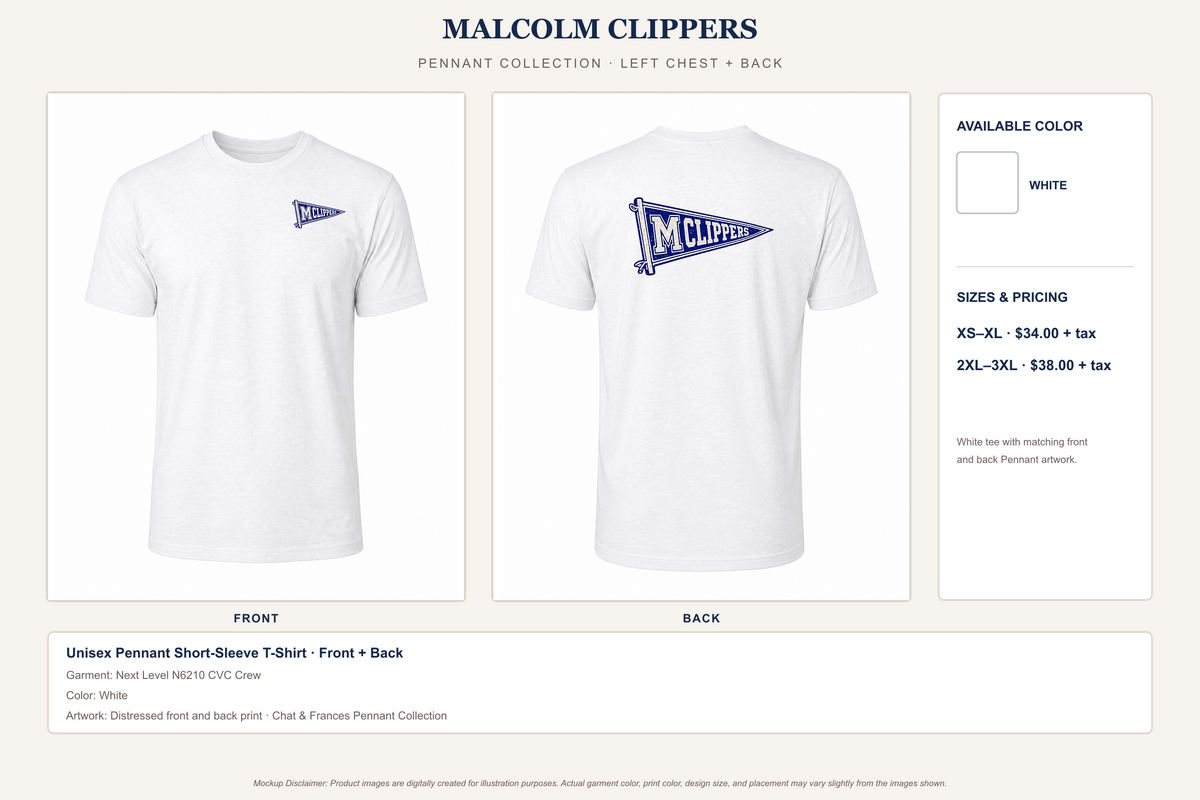 Unisex Pennant Short Sleeve T-Shirt Front + Back - Malcolm