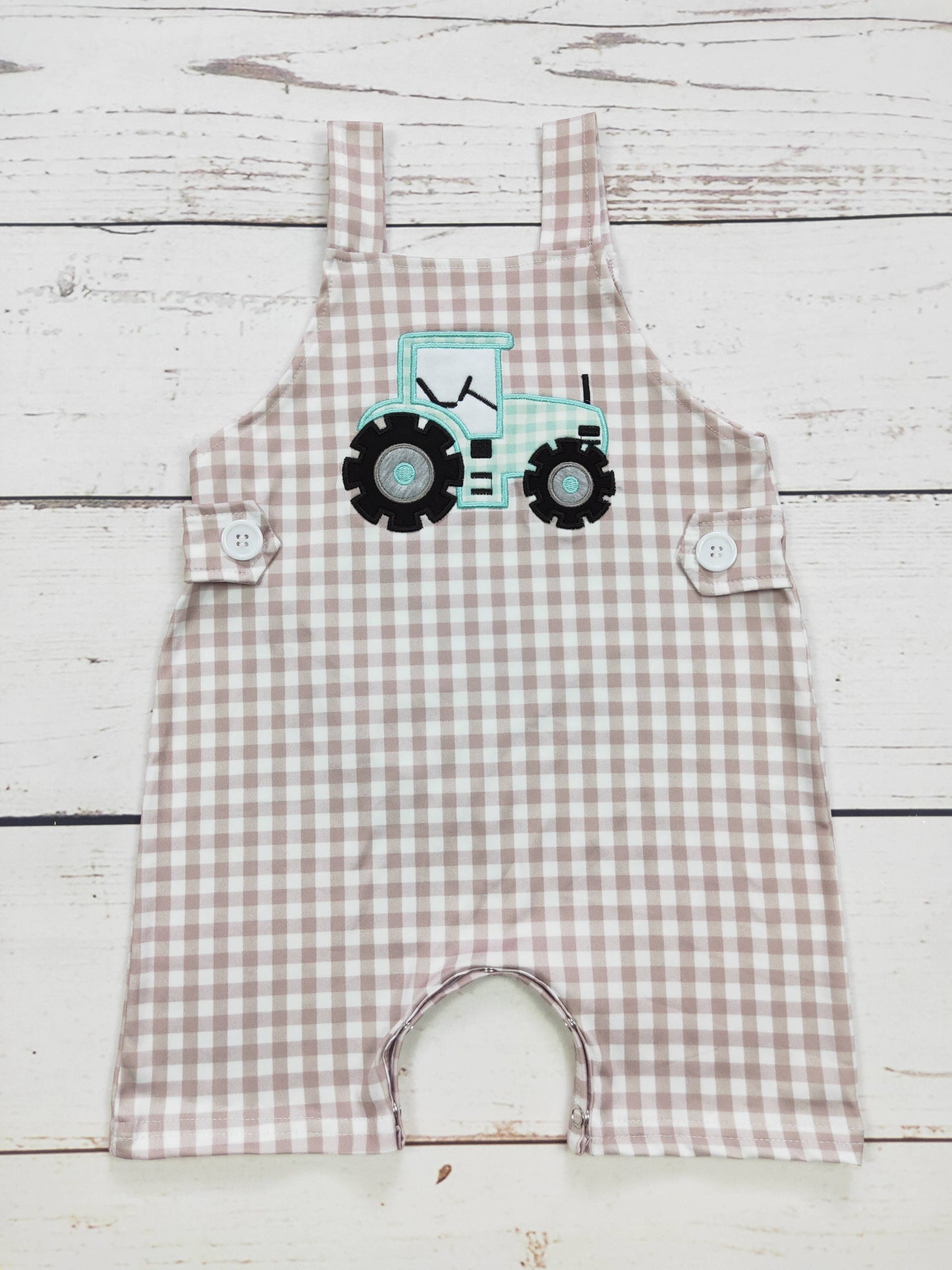 Baby Boy Tractor Appliqué Checkered Romper: 3-6M