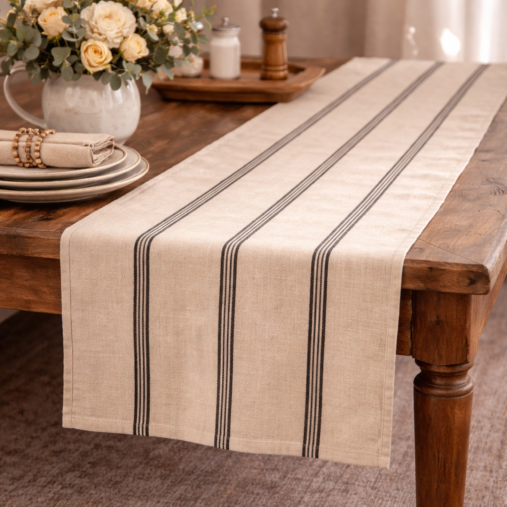 Cotton Black and Beige Striped Runner