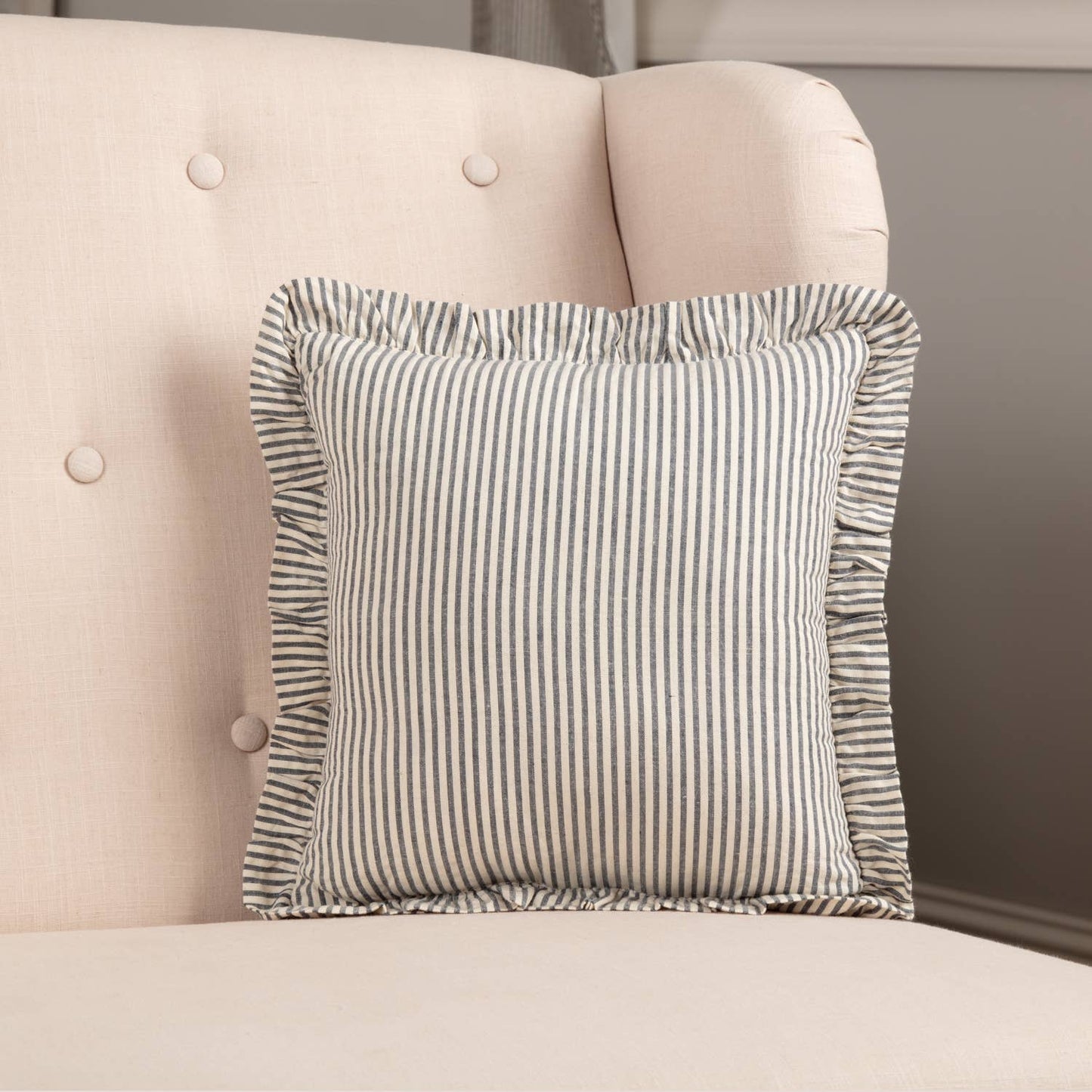 Farmhouse Ticking Stripe Pillow 12x12 – Blue Seersucker