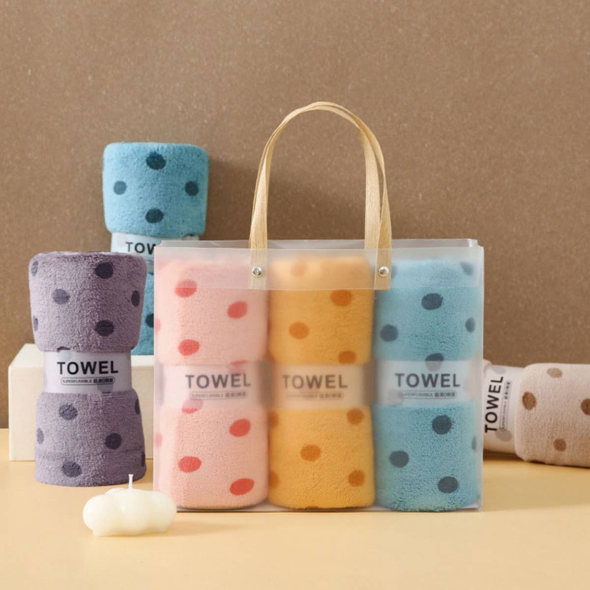 CORAL FLEECE POLKA DOT ABSORBENT FACE TOWEL KHAKI