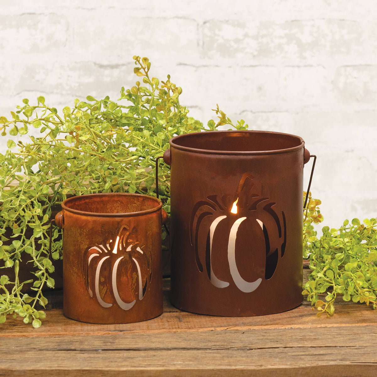 Rusty Metal Pumpkin Cutout Buckets - Set of 2