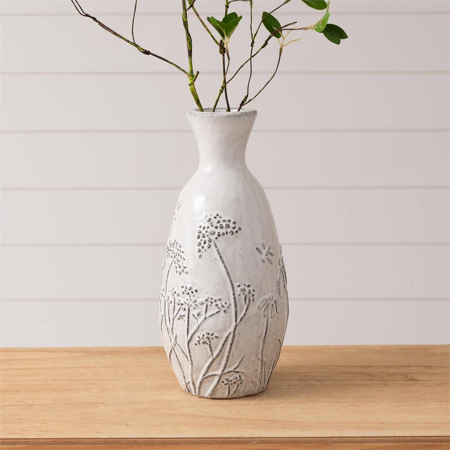 Tall Debossed Botanical Vase, Gray