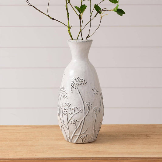 Tall Debossed Botanical Vase, Gray