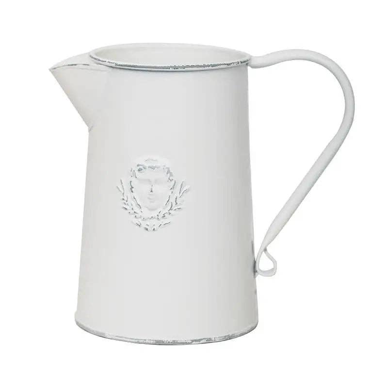 Vintage Style Rustic White Metal Flower Pitcher Vase: Large