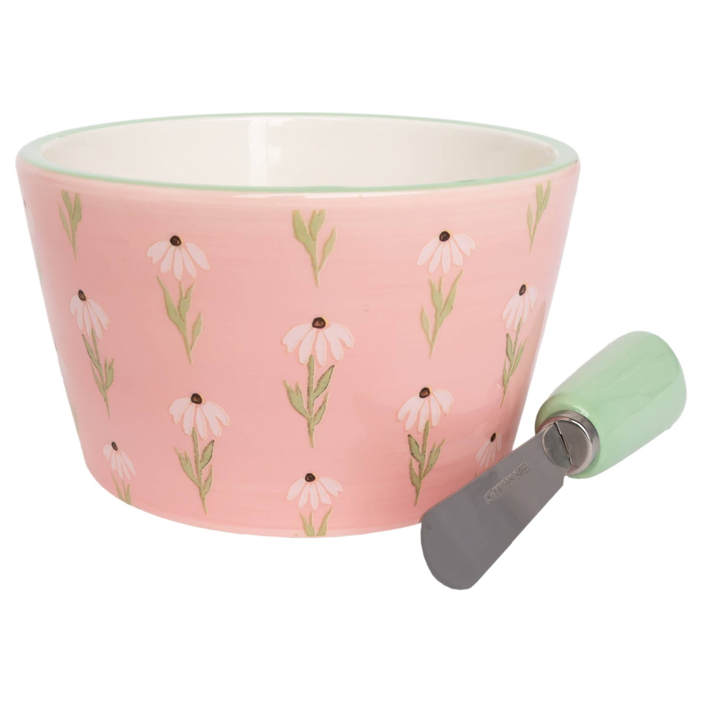 Pink Daisy Ceramic Bowl & Spreader