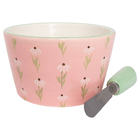 Pink Daisy Ceramic Bowl & Spreader