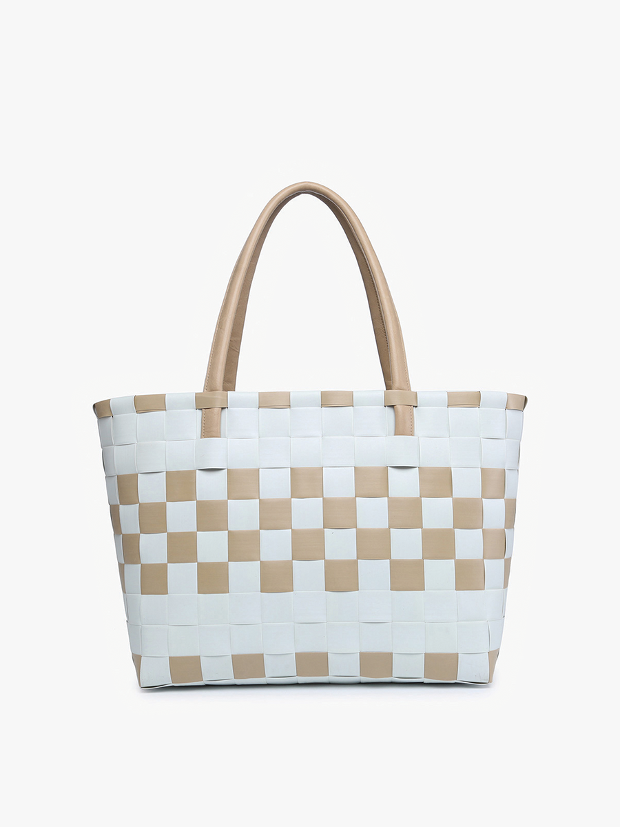 Abigail Basketweave Tote w/Vegan Leather Straps: Grey/Tan