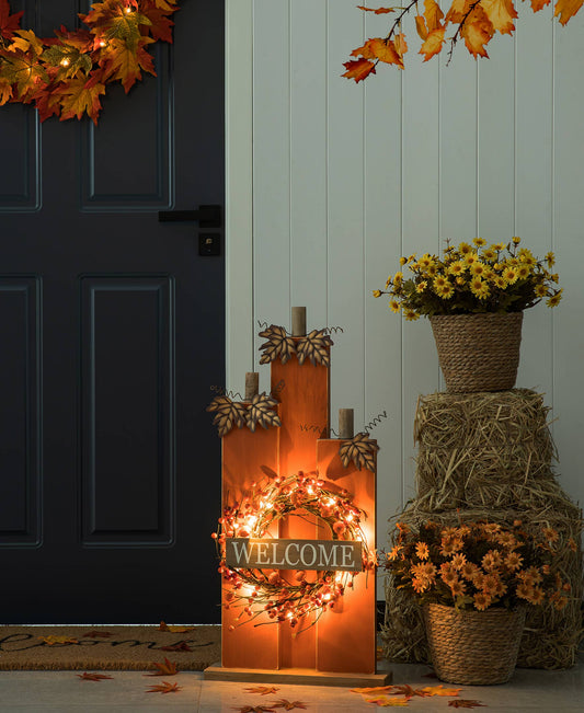 30"H Fall Lighted Wooden Pumpkin Decor w/Wreath with Timer
