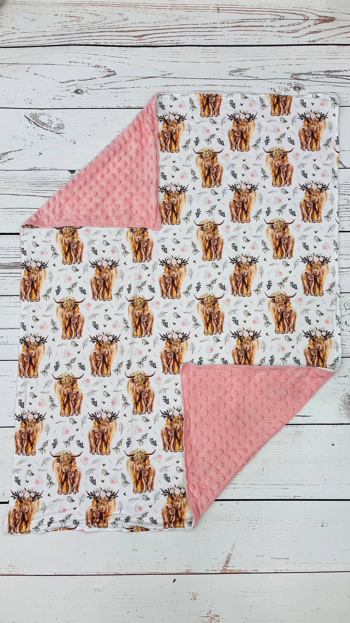 Baby Pink Flower Minky Cows Blanket