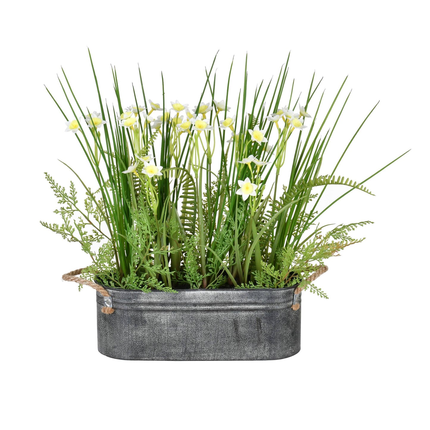 Vickerman 16" Artificial Daffodil in Galvanized Pot.: Green / Plastic / 16"