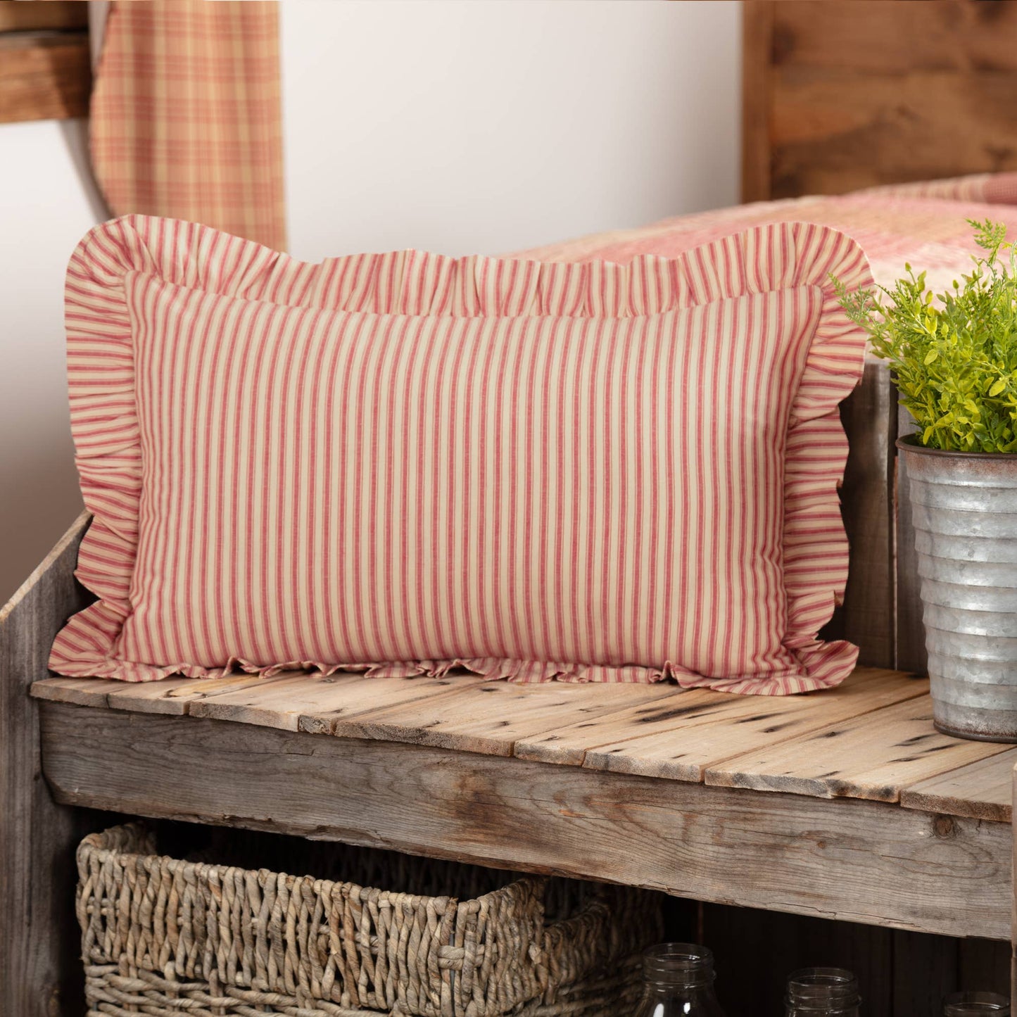 Red Ticking Stripe Ruffled Pillow 14x22