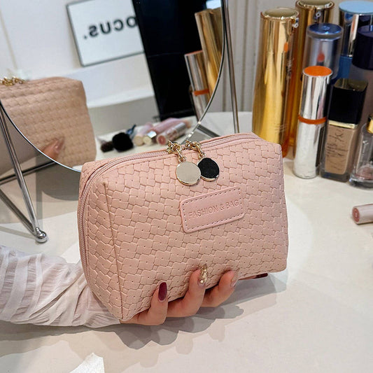 PORTABLE WOVEN PATTERN COSMETIC BAG Pink