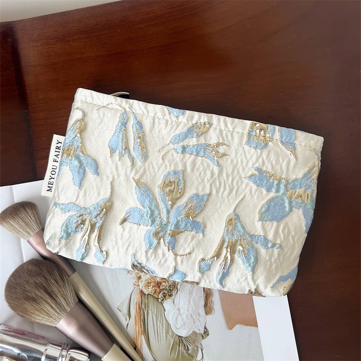 Embossed Floral Makeup Bag Large Travel Wash Pouch Blue