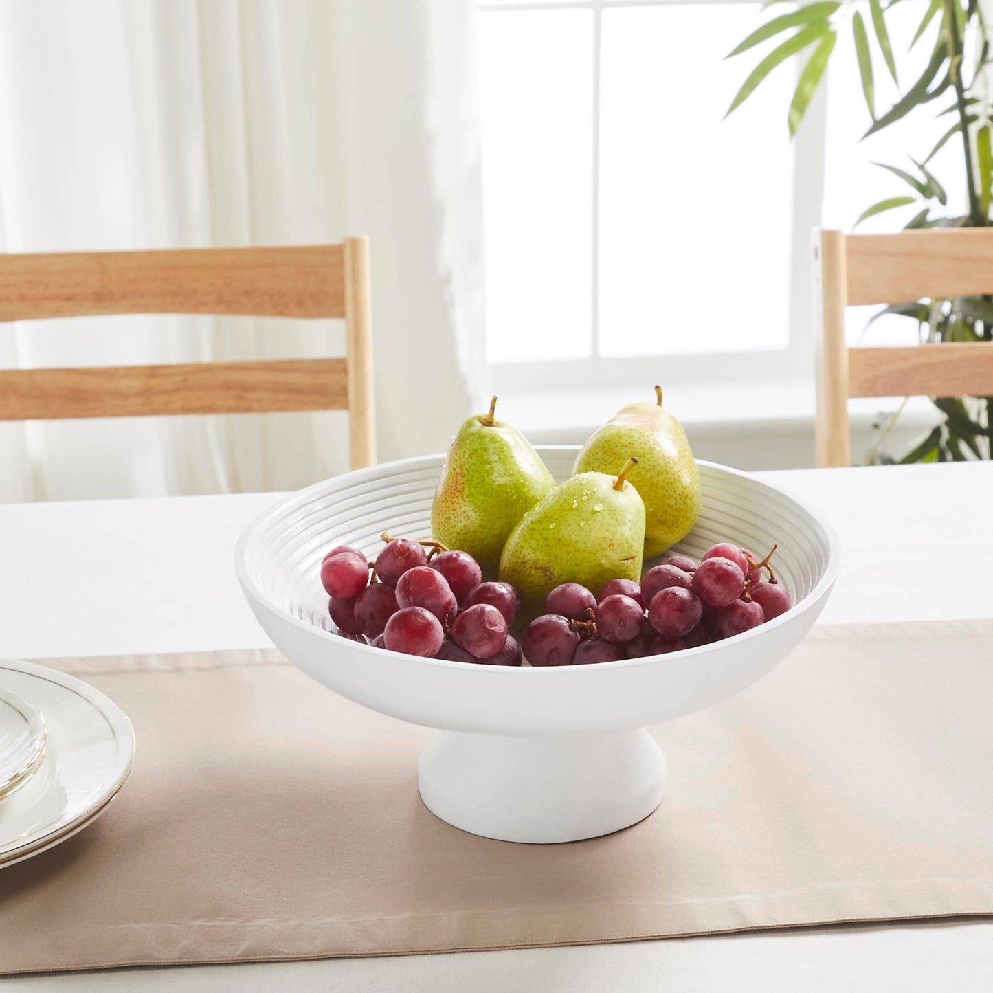 Ribbed White Wooden Bowl 12x12x5.75