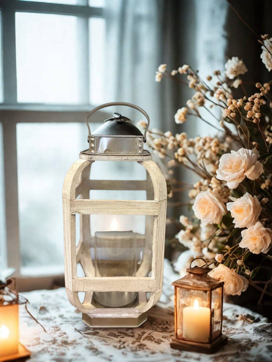 WOOD WITH METAL WHITE LANTERN CANDLE HOLDER: Small