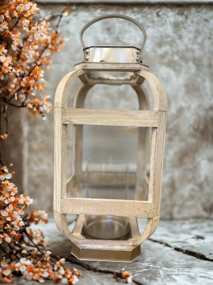 WOOD WITH METAL WHITE LANTERN CANDLE HOLDER: Small