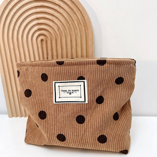 CORDUROY RETRO POLKA DOT MAKEUP BAG STORAGE COFFEE
