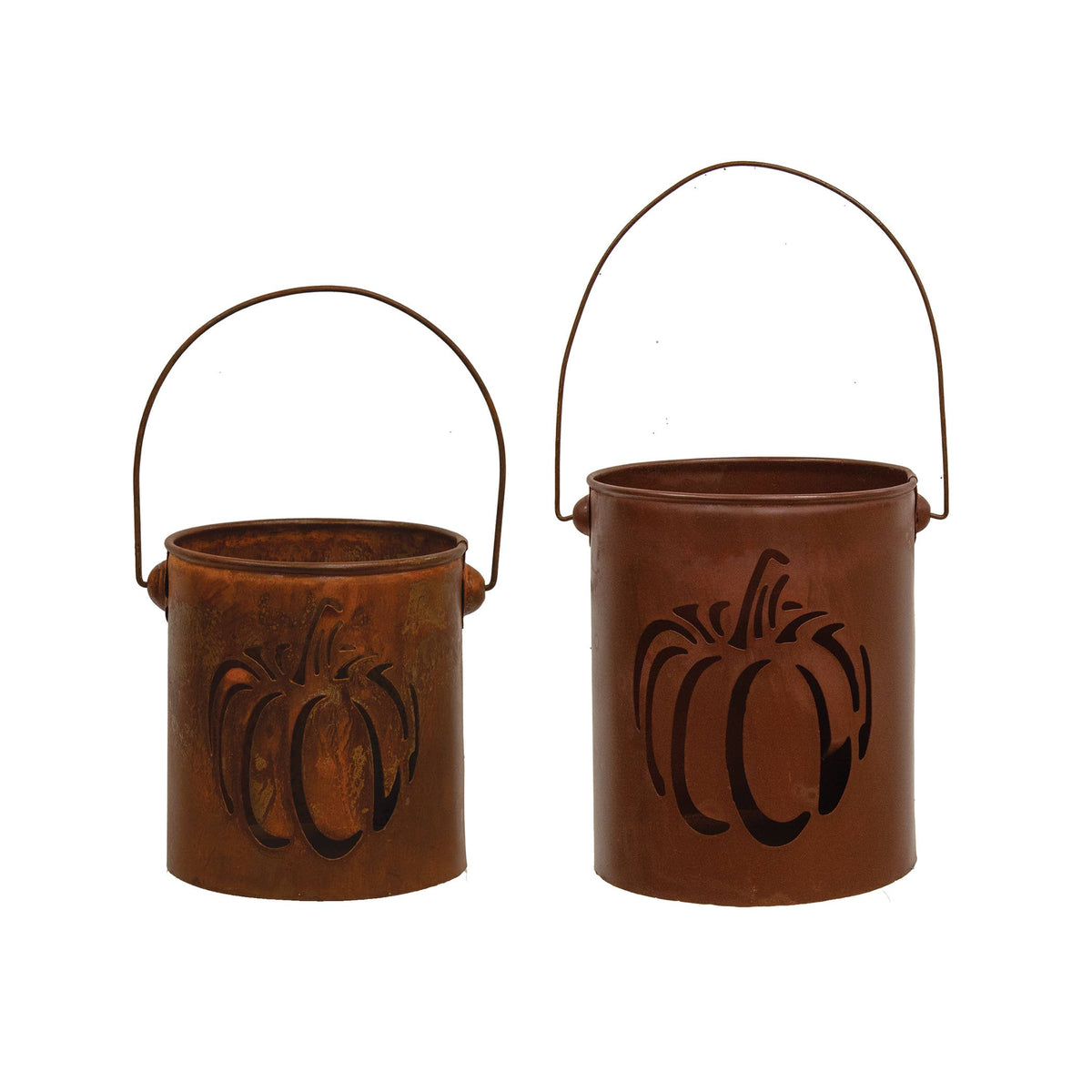 Rusty Metal Pumpkin Cutout Buckets - Set of 2
