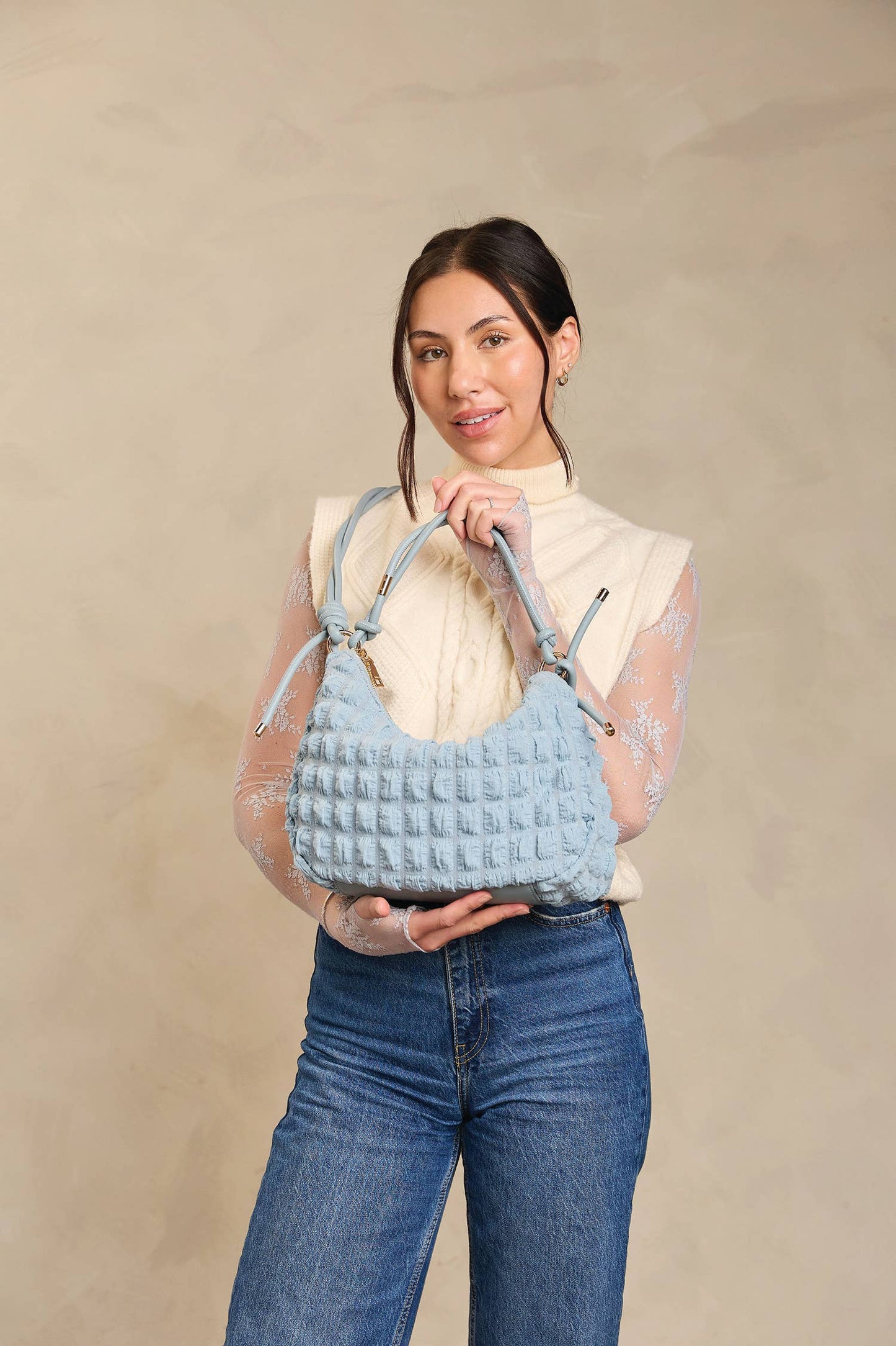 Nelly Quilted Puffy Shoulder Bag – Knotted Strap: Mint