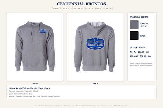 Unisex Varsity Pullover Hoodie Front + Back - Centennial