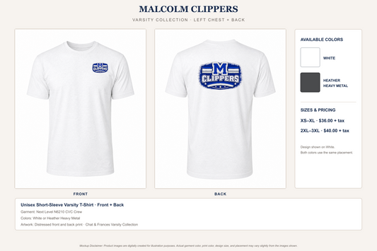 Unisex Varsity Short Sleeve T-Shirt Front + Back - Malcolm