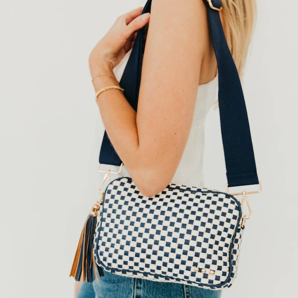 Woven Willow Camera Crossbody Bag: Checkered Navy