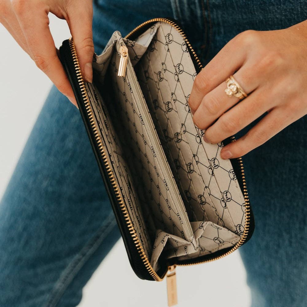 Lenni Large Zip Woven Wallet: Woven Checkered Black