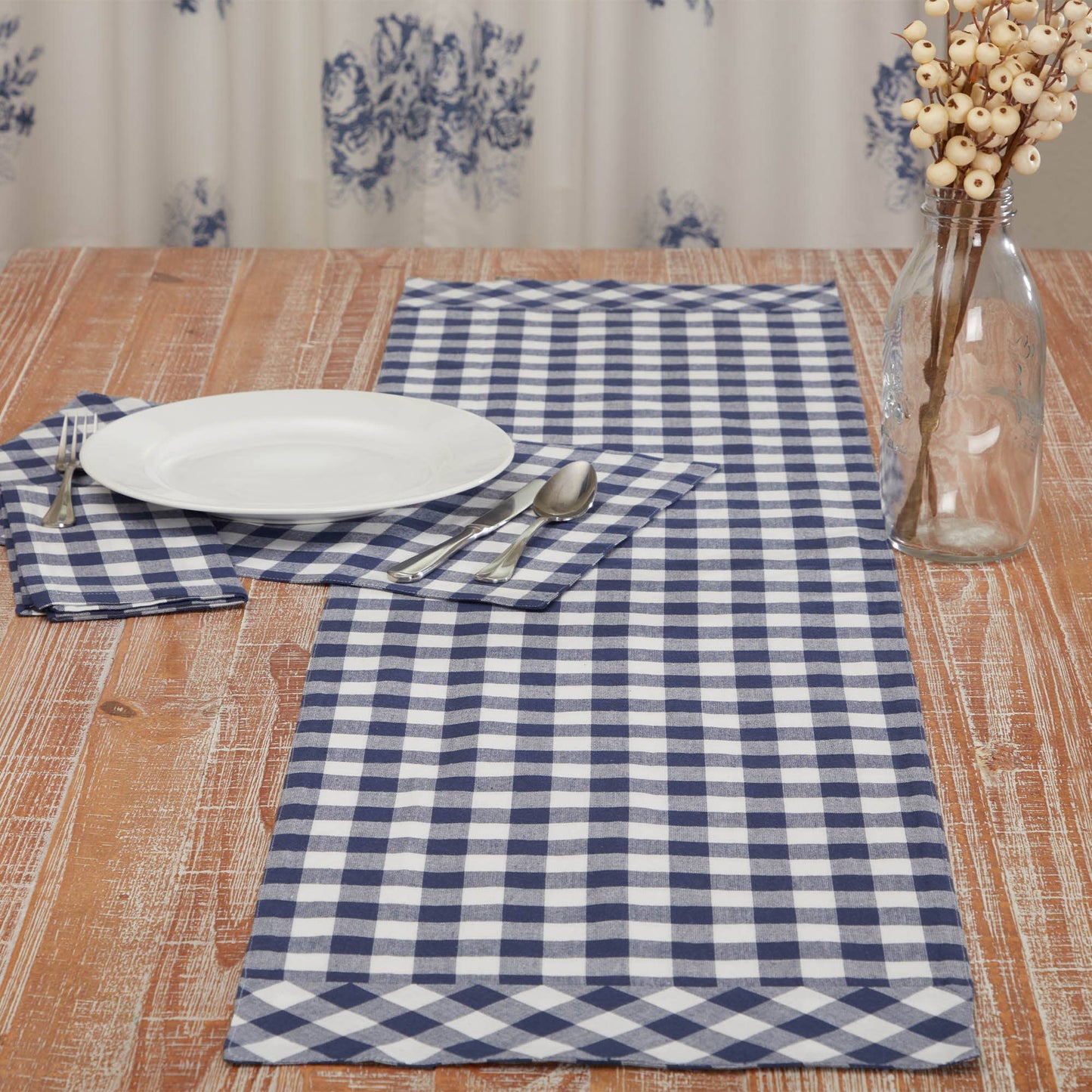 Vintage Check Blue Table Runner 36Lx13W