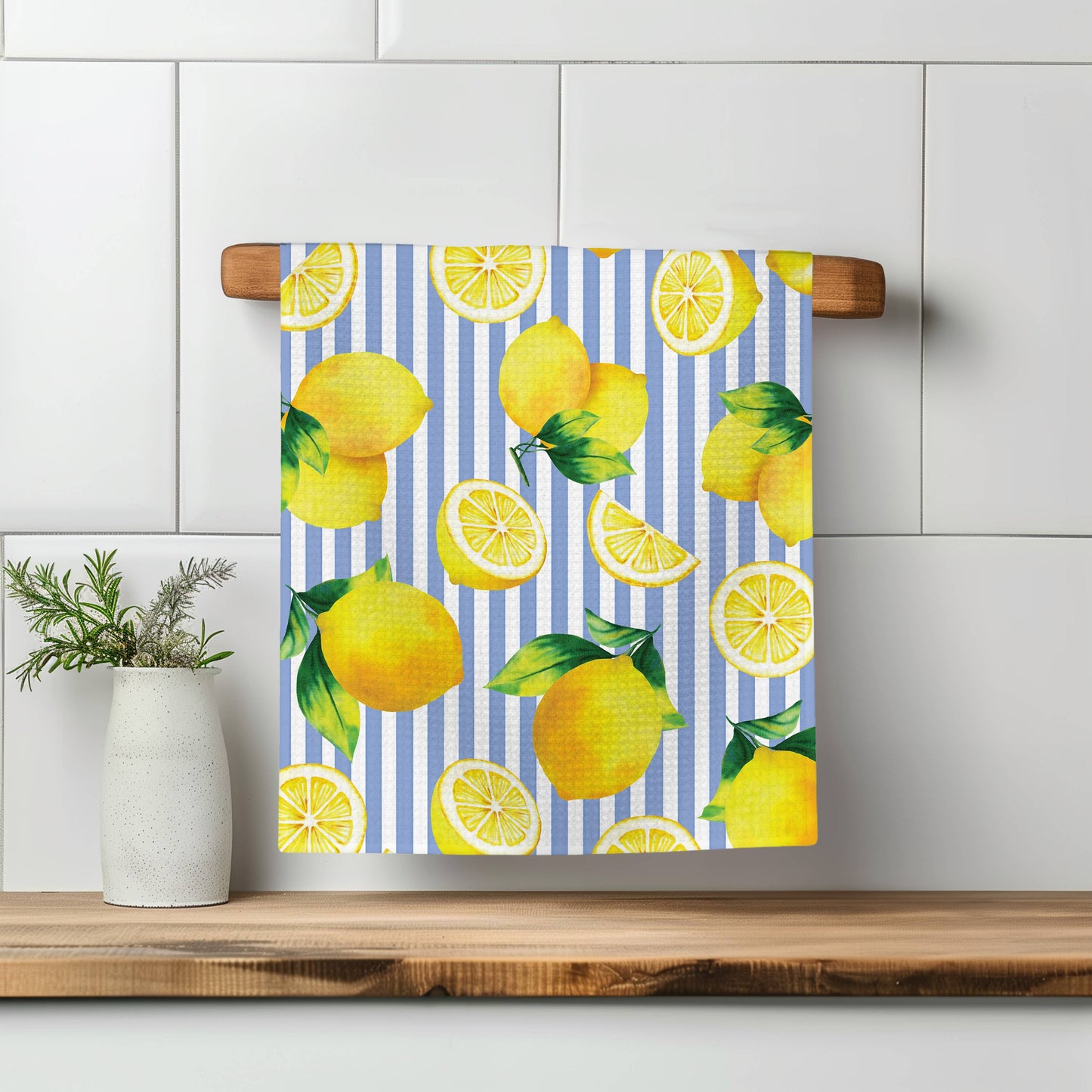 Lemon Stripe Citrus Summer Fruit Market Kitchen Towel Waffle
