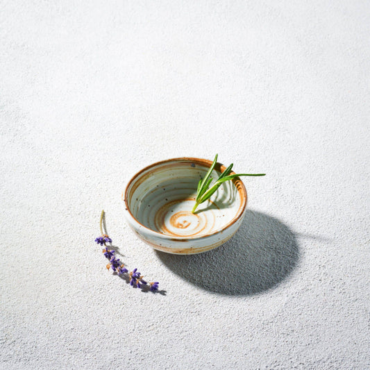 Vikko Stoneware Palm Mini Bowl Cream White Brown Rim, 3.5 oz