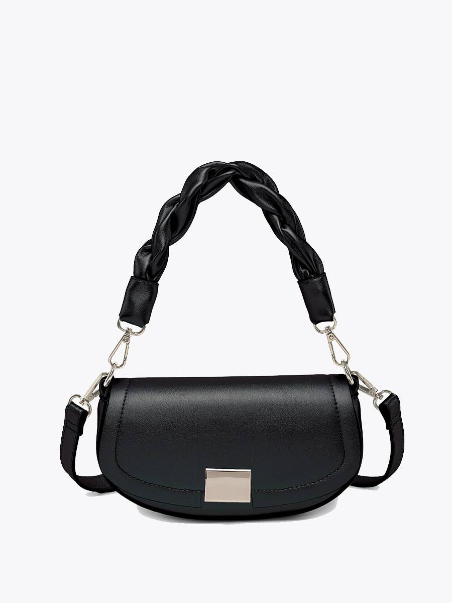 Nylah Flapover Crossbody – Woven Strap Bag : Black
