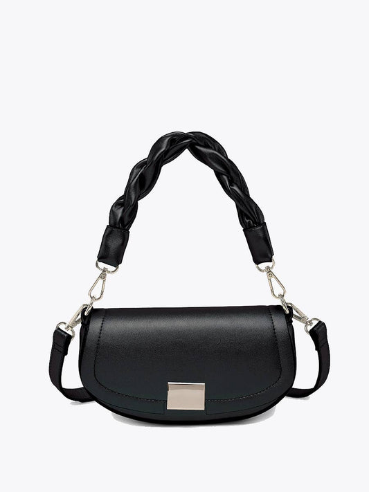 Nylah Flapover Crossbody – Woven Strap Bag : Black