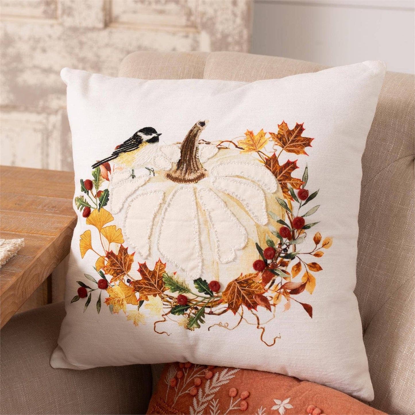 Pillow - White Pumpkins And Leaves
