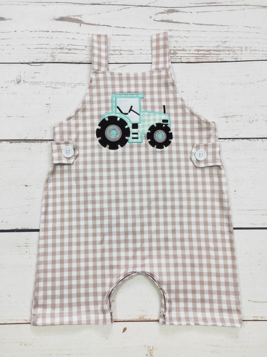 Baby Boy Tractor Appliqué Checkered Romper: 3-6M