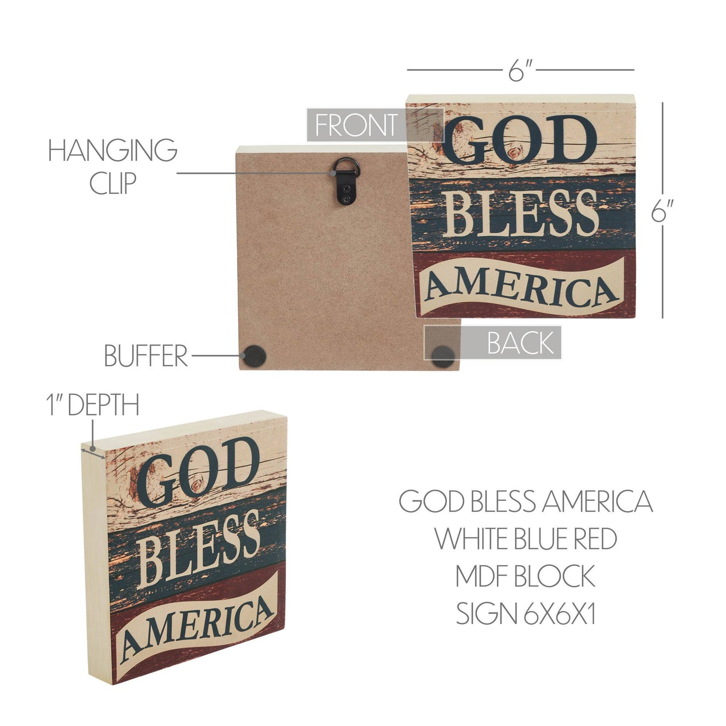 God Bless America Rustic Patriotic Block Sign 6x6x1
