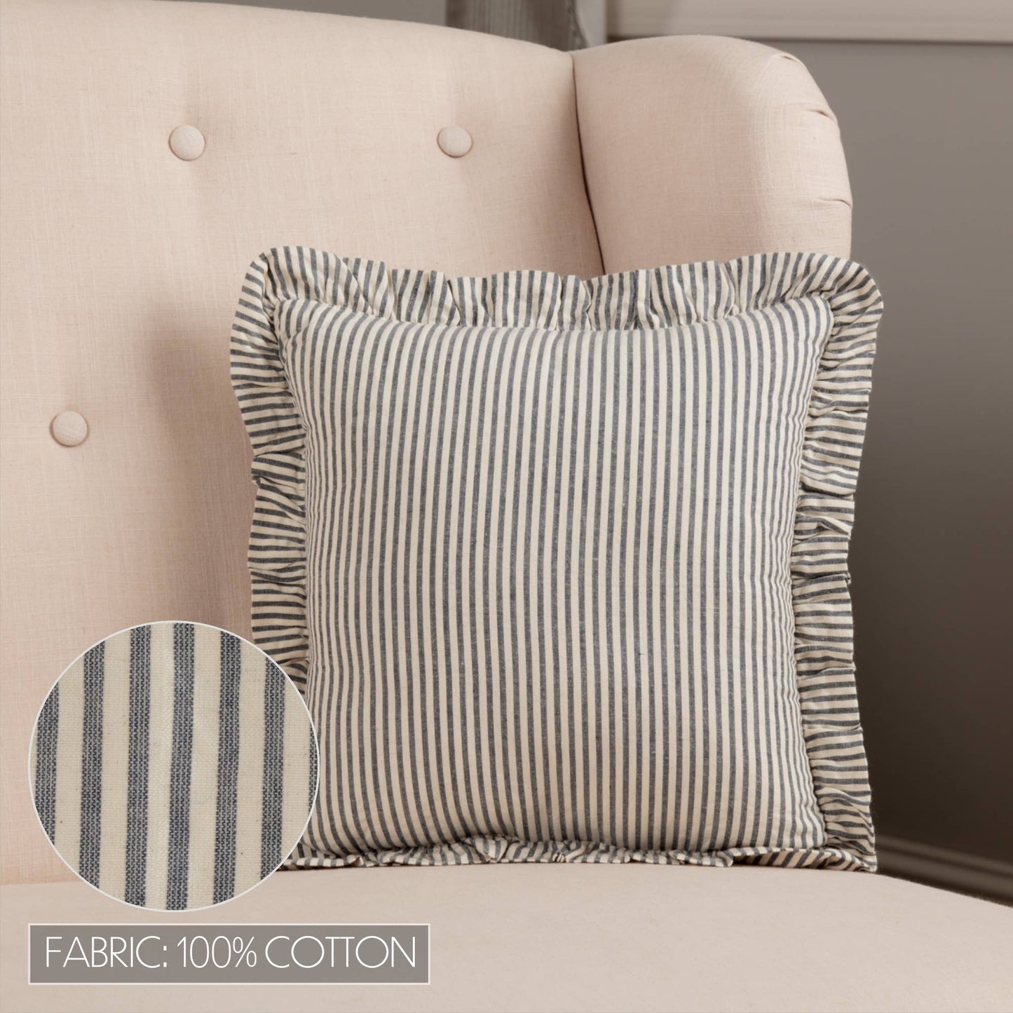 Farmhouse Ticking Stripe Pillow 12x12 – Blue Seersucker