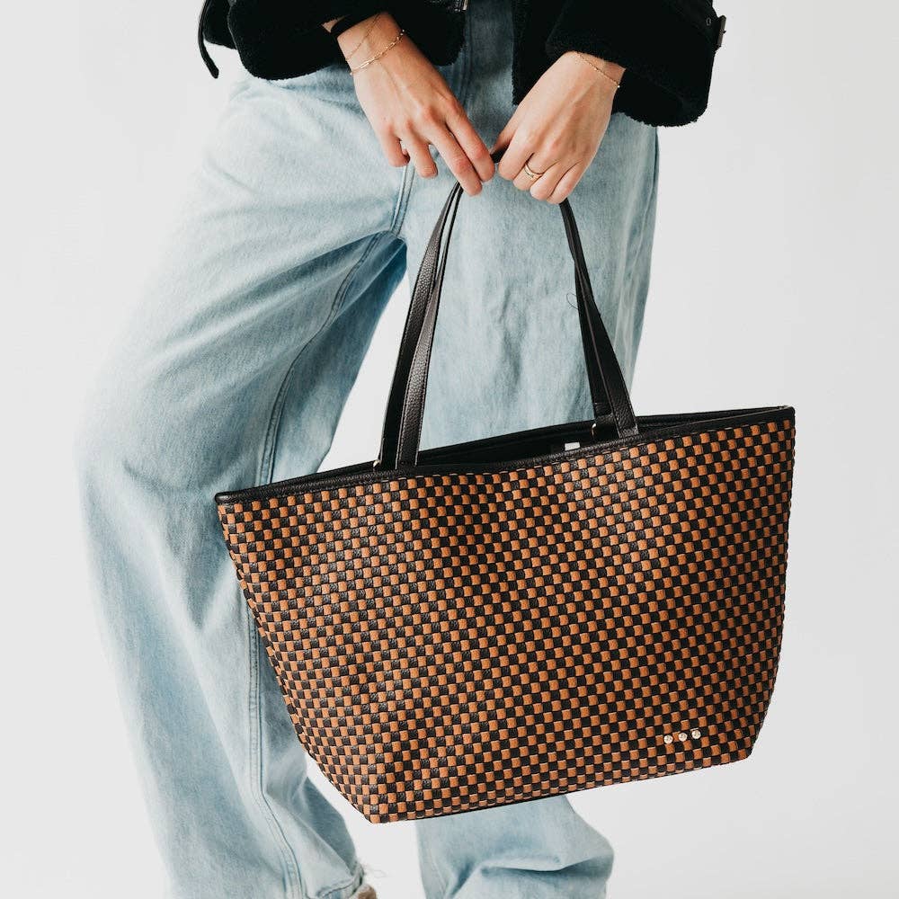 Woven Tiffany Organizer Tote Bag: Checkered Coffee