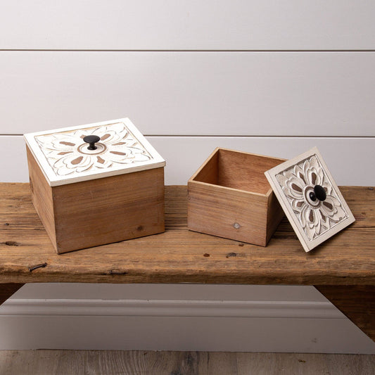 Distressed White Flower Wood Box Large