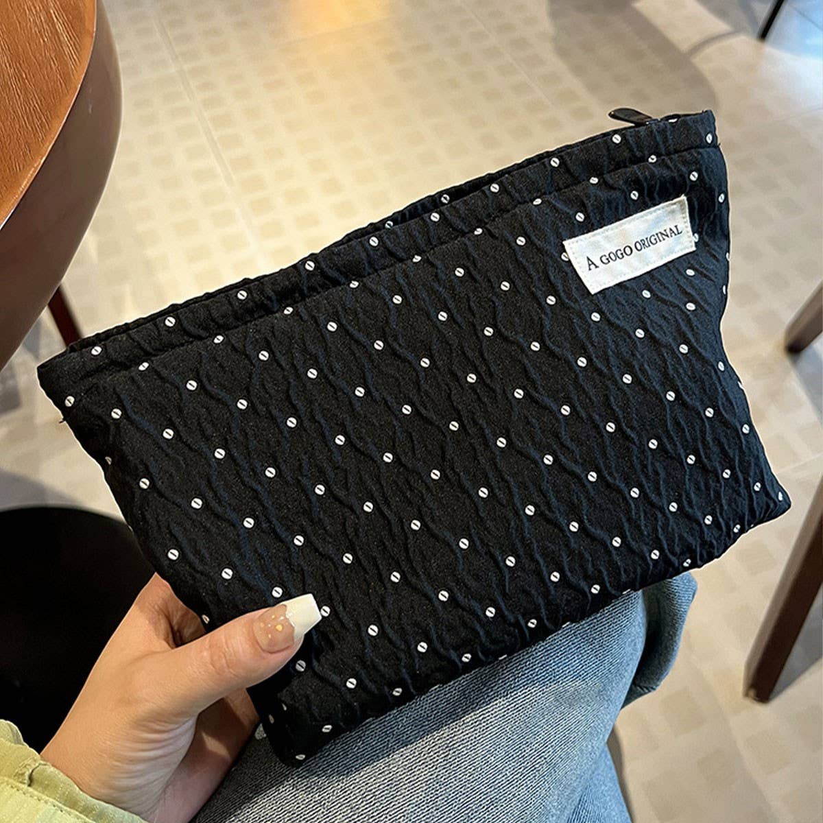 Polka Dot Black Cosmetic Bag Travel Pouch
