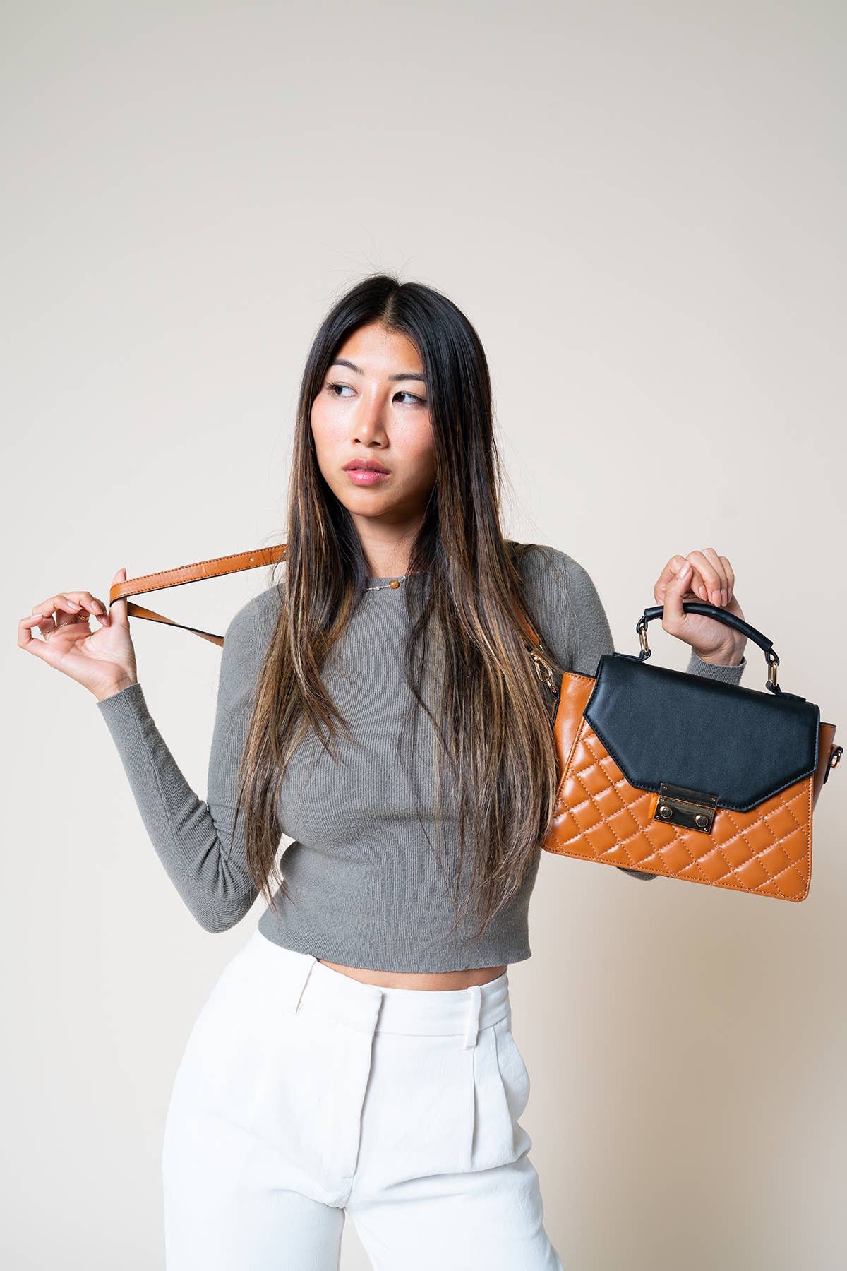 Lou Quilted Square Crossbody Bag – Push Lock Black/Brown