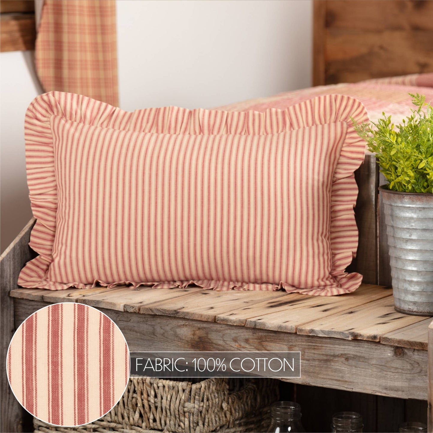 Red Ticking Stripe Ruffled Pillow 14x22