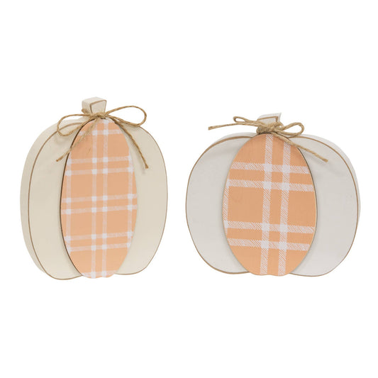 Cream & Orange Plaid Wooden Pumpkin Sitters Set of 2