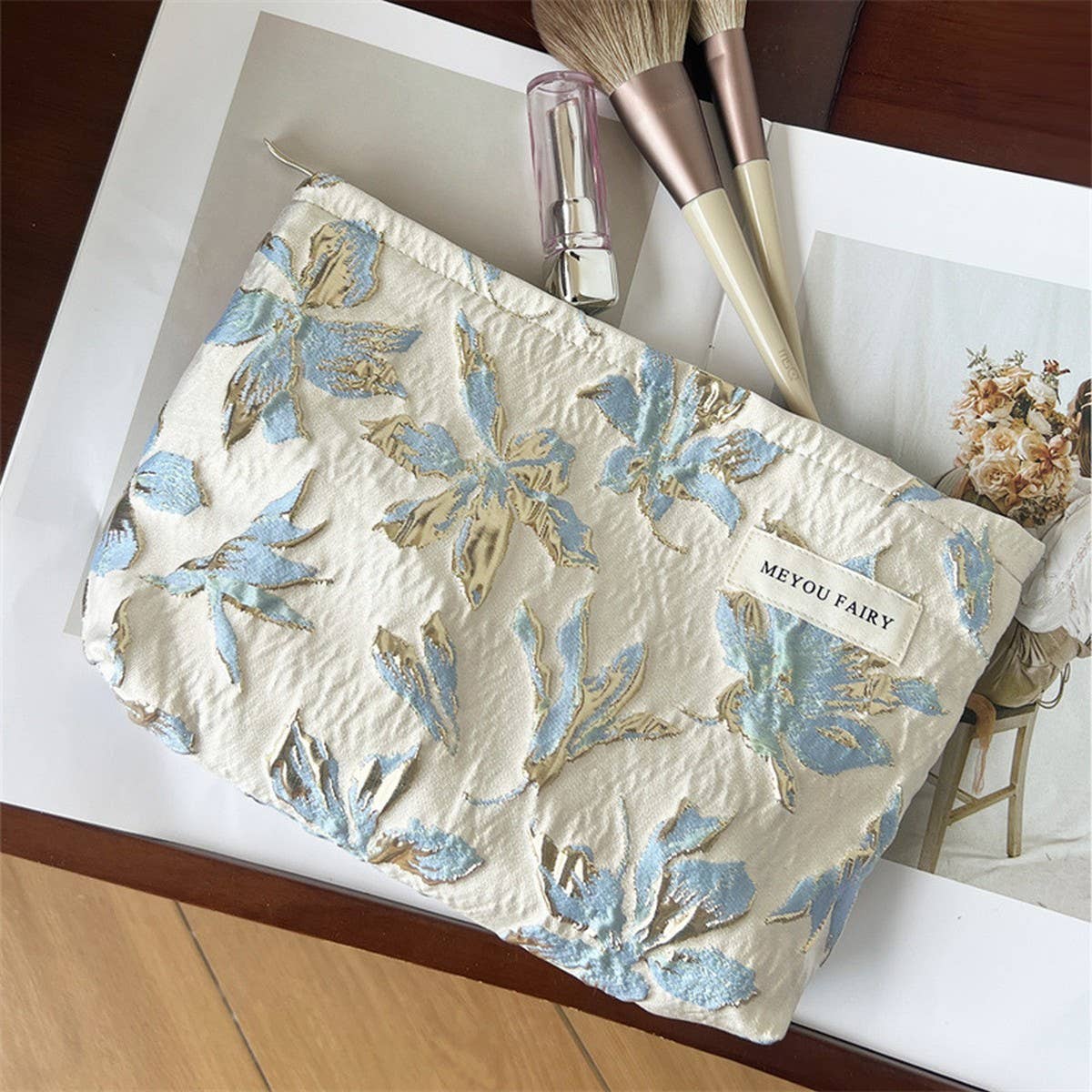Embossed Floral Makeup Bag Large Travel Wash Pouch Blue