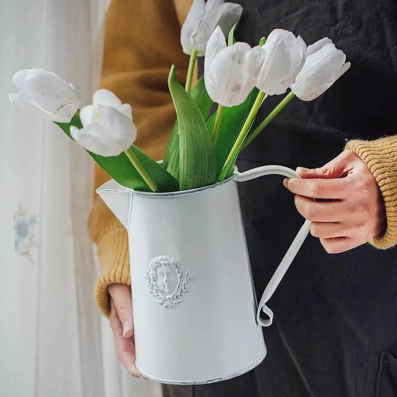 Vintage Style Rustic White Metal Flower Pitcher Vase: Large